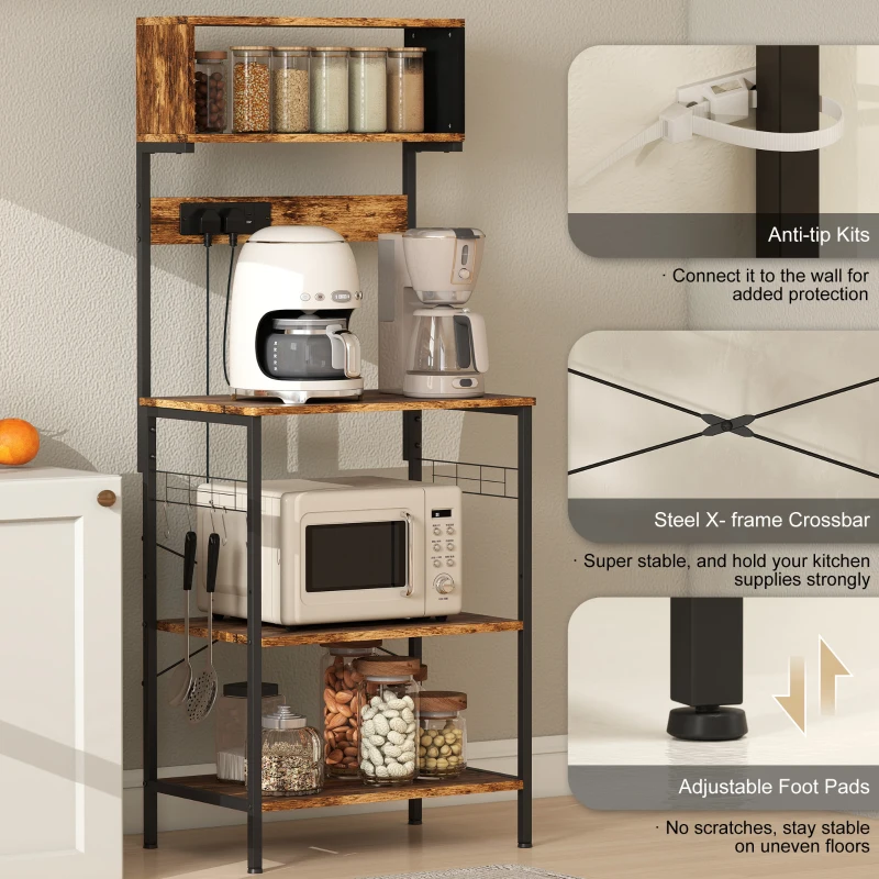 HOMCOM Kitchen Storage Rack, Bakers Rack with Power Outlet, USB Charger, Rustic Brown