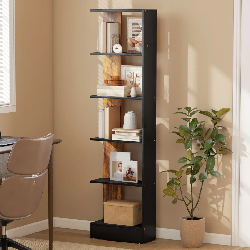 HOMCOM Libreria Moderna Salvaspazio a 5 Ripiani in Legno 45x21x170 cm, Marrone e Nero