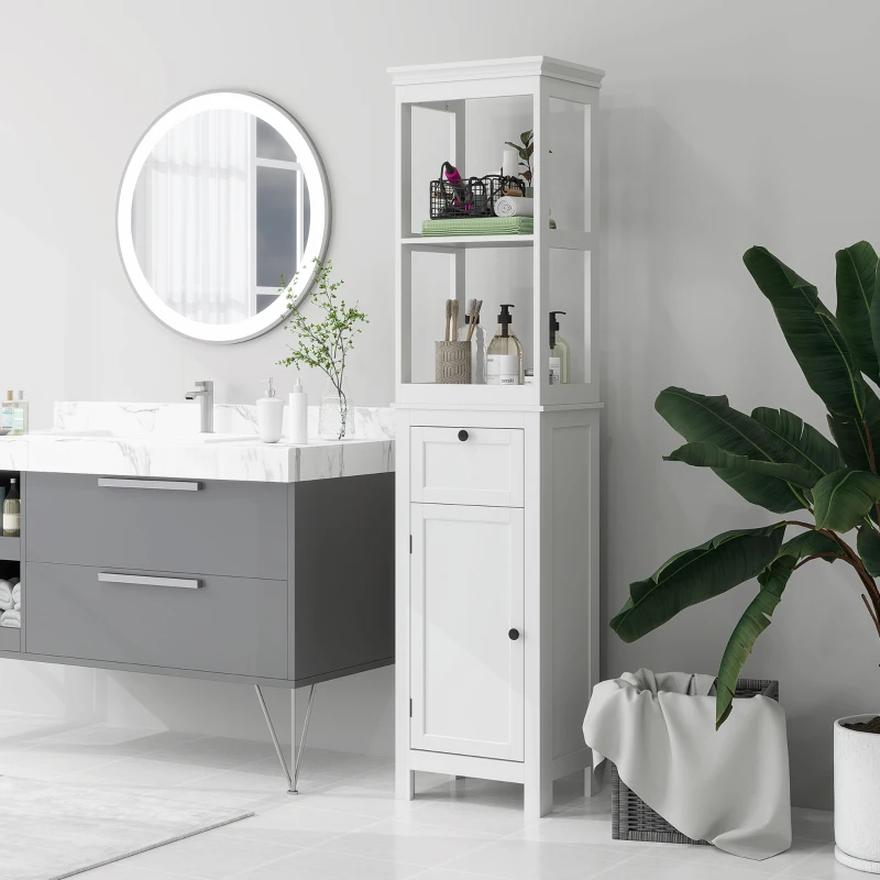 HOMCOM Mueble de Baño con Cajón Puerta Estante Ajustable y 2 Compartimientos Armario de Baño Moderno 40x30x165 cm Blanco