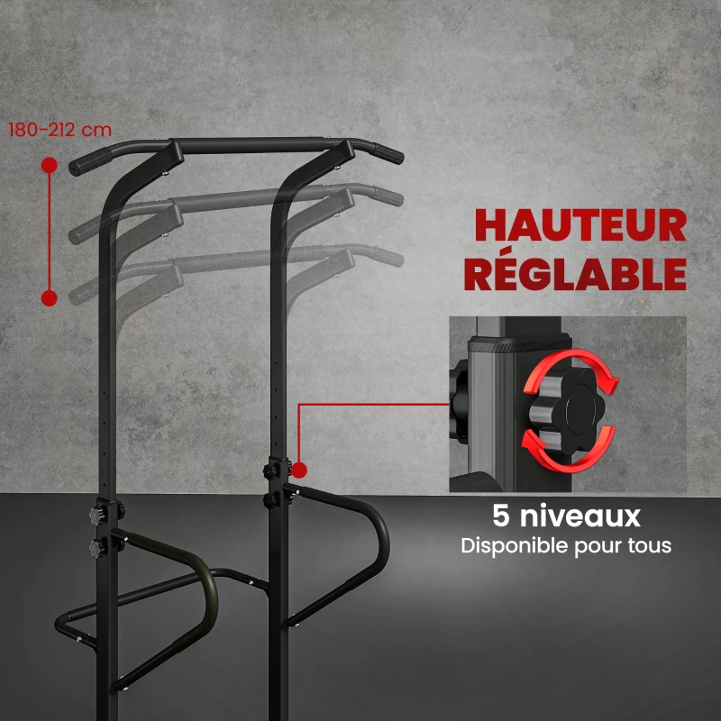 HOMCOM Power Tower Dip Station, Barre de traction, Barre de dips, Hauteur Réglable, Poignées en Forme U, 98x102x180-212cm, Noir