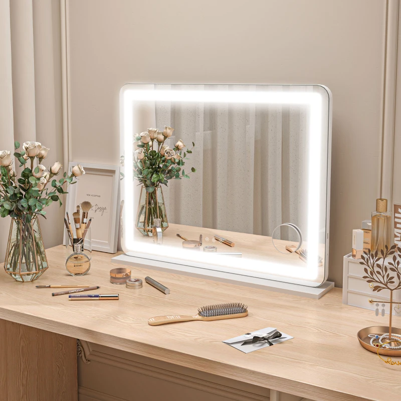 HOMCOM Vanity Mirror with Lights, Large 80x62 cm Lighted Makeup Mirror with 3 Colour, 10X Magnifying, USB Charging Port, Touch Screen, Tabletop or Wall Mounted Design, White