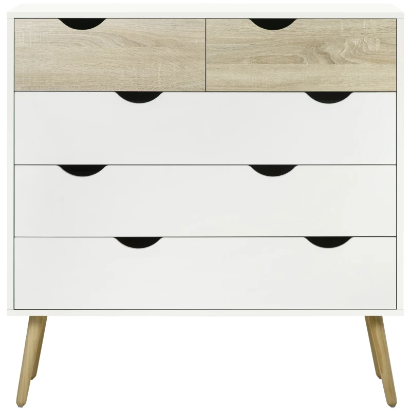 HOMCOM Commode 5 tiroirs Design scandinave Meuble de Rangement Chambre Panneau de Particules 99 x 39 x 101 cm Blanc Aspect chêne Clair