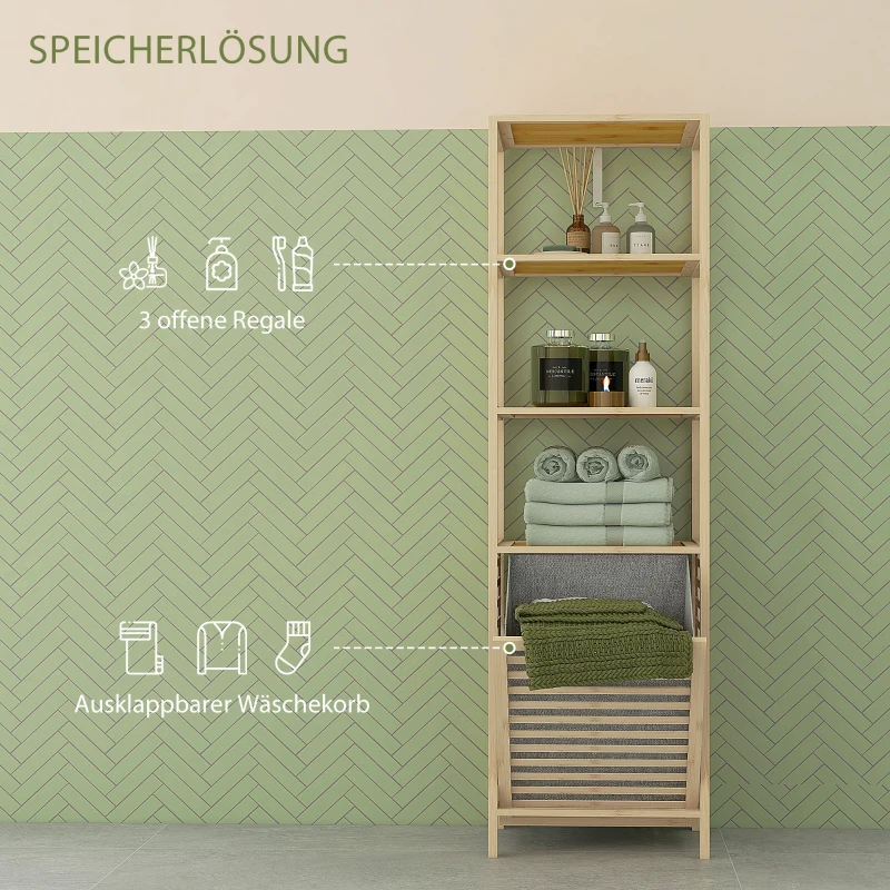 HOMCOM Badkamerrek met Wasmand, 3 Planken, Bamboe Frame, 44x33x160cm, Natuur