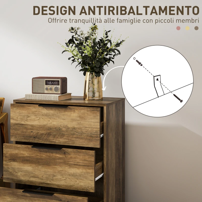 HOMCOM Cassettiera 3 Cassetti Antiribaltamento con Maniglie Nere, in Legno e Metallo, 62x35x82 cm, Marrone scuro