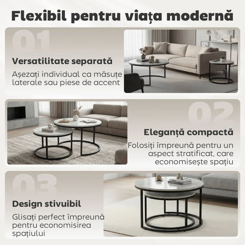 HOMCOM Set de 2 măsuțe de cafea rotunde suprapuse din metal și MDF cu efect de marmură, gri și negru