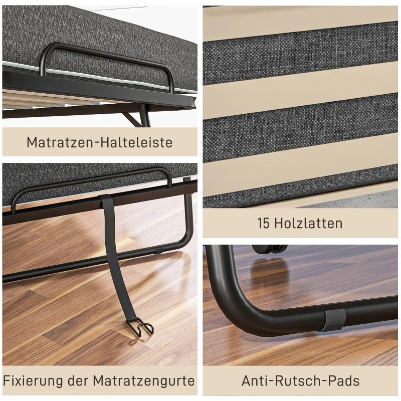 HOMCOM Opklapbed, Matras, 4 Wielen, Metalen Frame, Tot 150 kg, 190 x 80 x 42 cm, Donkergrijs