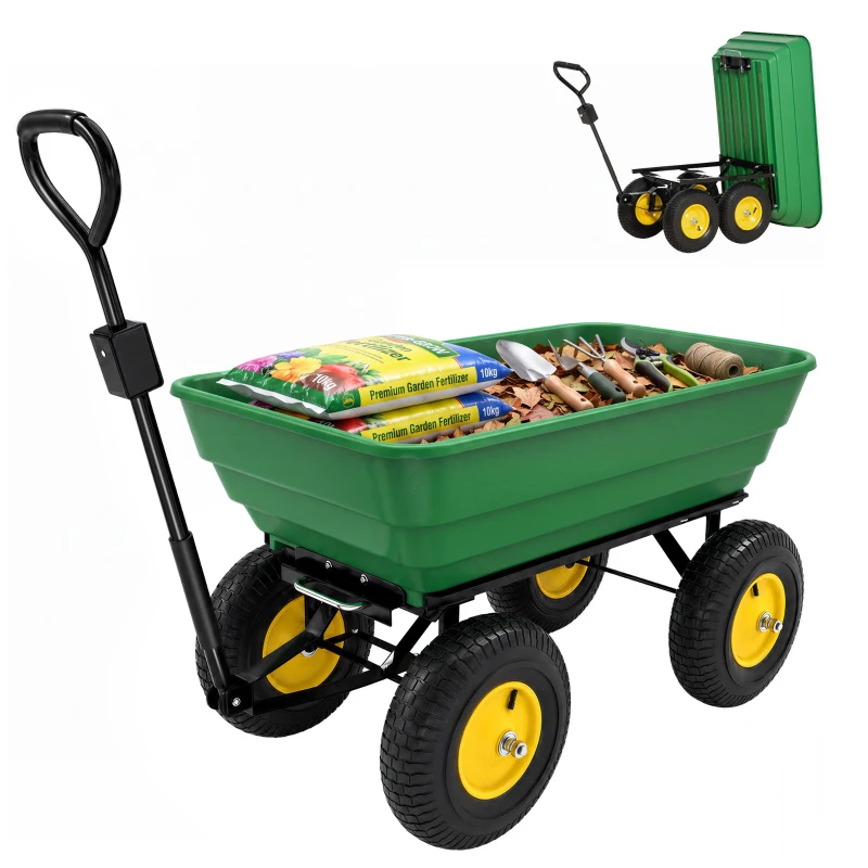 Outsunny Chariot de Jardin à Main Benne basculante 75° 125L Charge Max. 200 Kg 4 Roues pneumatiques Acier PP Jaune Vert