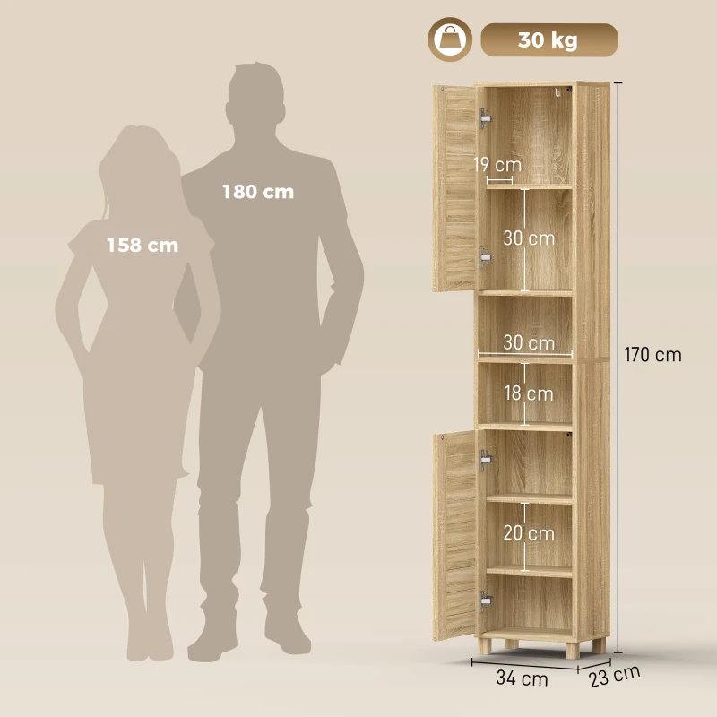 HOMCOM Armario Alto para Baño con Estantes Ajustables Puertas de Lamas Apertura por Presión 34x23x170 cm Natural