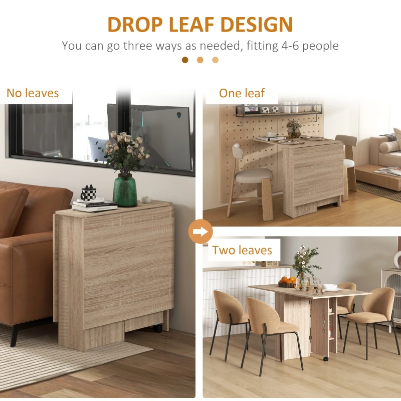 HOMCOM 80-140 cm Folding Dining Table for 4-6 People, Drop Leaf Table with 2-Tier Shelves, Rolling Casters, for Small Spaces, Kitchen, Flat, Dining Room, Natural