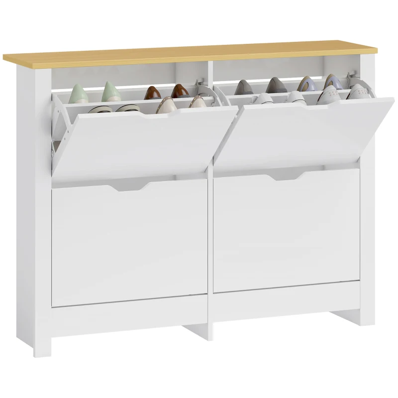 HOMCOM Smalle Schoenenkast met 4 Klapvakken voor 8–16 Paar Schoenen, 105 x 26 x 80 cm, Wit + Natuurlijk hout
