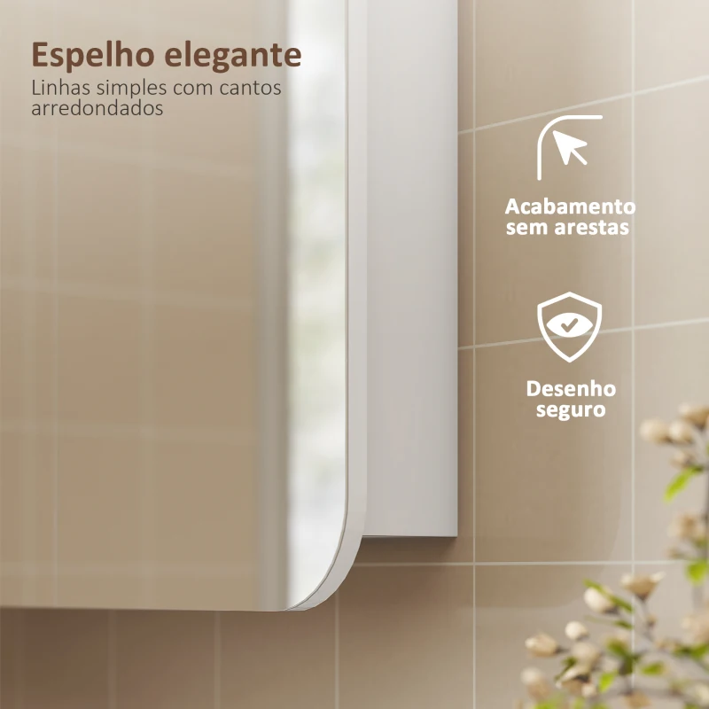 HOMCOM Armário de Casa de Banho com Espelho Design com Bordas Curvas com Prateleiras Ajustáveis 68x13x66 cm Branco
