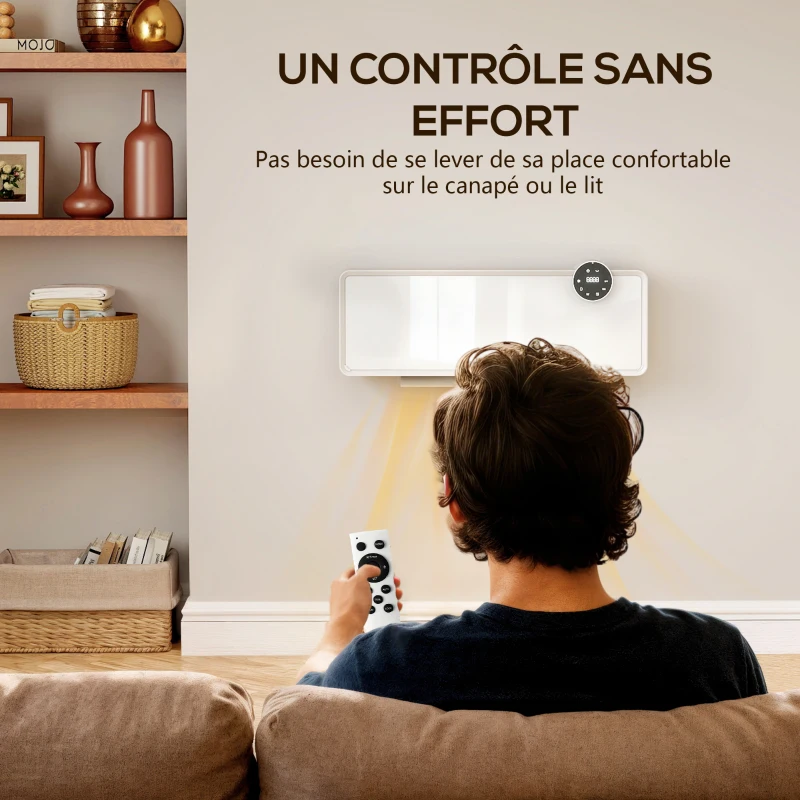 HOMCOM Chauffage mural en céramique 1000/2000W, radiateur électrique, ventilateur, thermostat, minuterie, 54x18,7x12,3cm, blanc