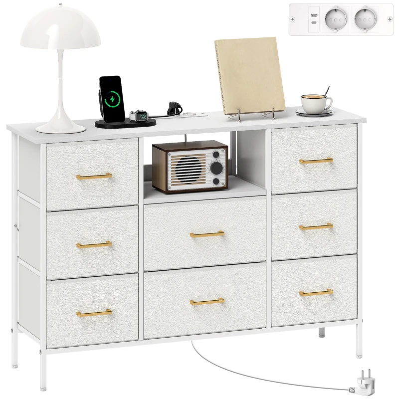 HOMCOM Commode 8 tiroirs en tissu bouclette, meuble de rangement avec 2 prises de courant, structure en acier 110x30x76cm crème
