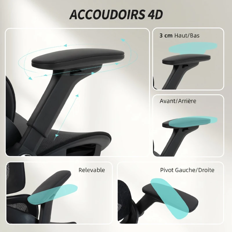 HOMCOM Chaise Bureau Ergonomique avec Accoudoirs 4D Appui-Tête et Profondeur d'Assise Réglables Maille Noir