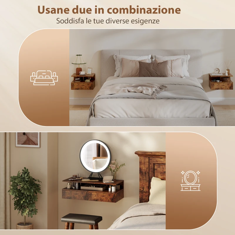 HOMCOM Set di 2 Comodini Sospesi con Cassetto e Mensola Aperta, 35x32x22.5 cm, Marrone Rustico