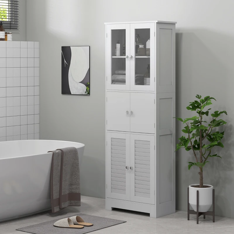 HOMCOM Mobile Colonna Bagno con 3 Armadietti e Ante in Vetro e a Persiana, 60x30x170.5cm, Bianco