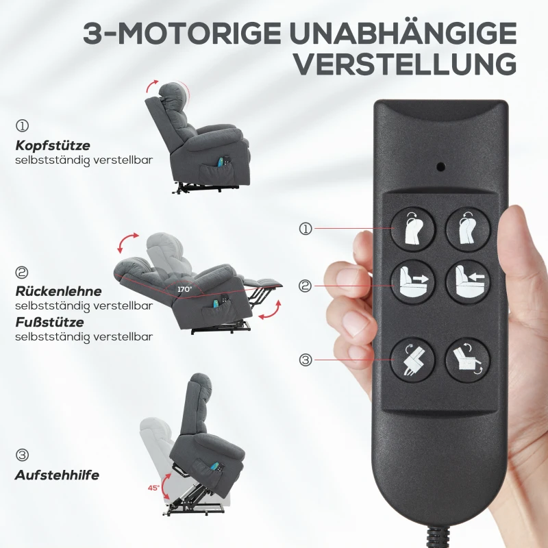 HOMCOM Sta-opstoel, elektrische ligstoel met massagefunctie, gestoffeerde stoel met opsta-functie, metaal, stof, grijs
