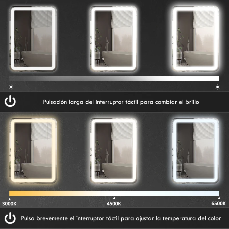 HOMCOM Espejo de Baño con Luces LED 70x90 cm 3 Colores de Luz Brillo Regulable Función Antivaho Función de Memoria IP44