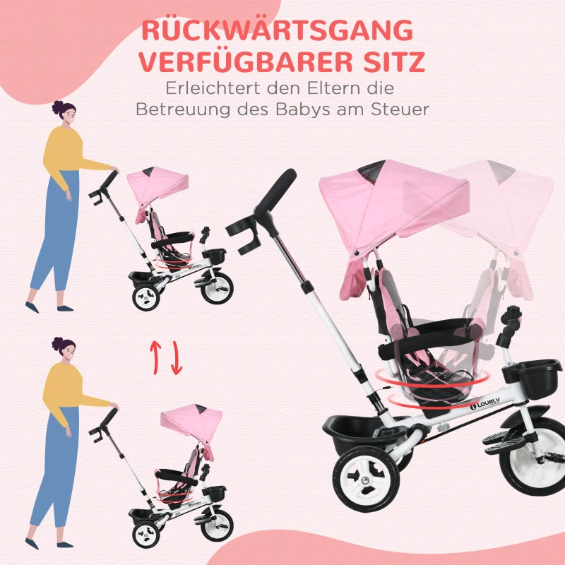 HOMCOM 6-in-1 Kinder Driewieler met Duwstang, Dak, Gordel, Opbergmand, 18+ Maanden, Roze(m-6)