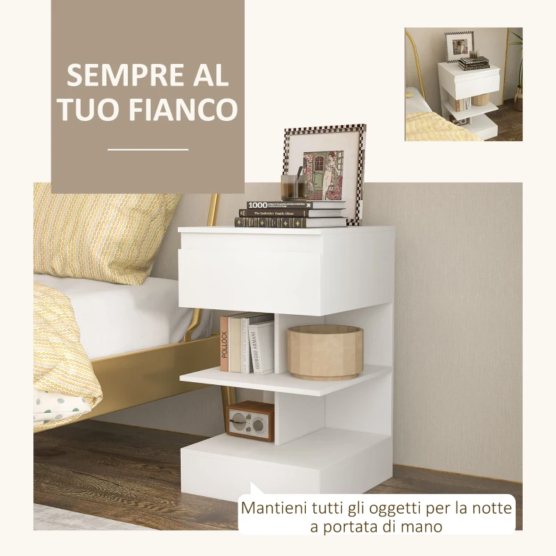 HOMCOM Comodino Moderno in Truciolato e MDF con un Cassetto e 2 Ripiani, 39x39x65 cm, Bianco
