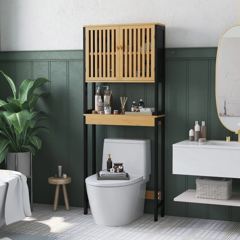 HOMCOM Étagère de toilettes meuble de salle de bain dessus toilette WC avec placard 2 portes et étagère ouverte bambou