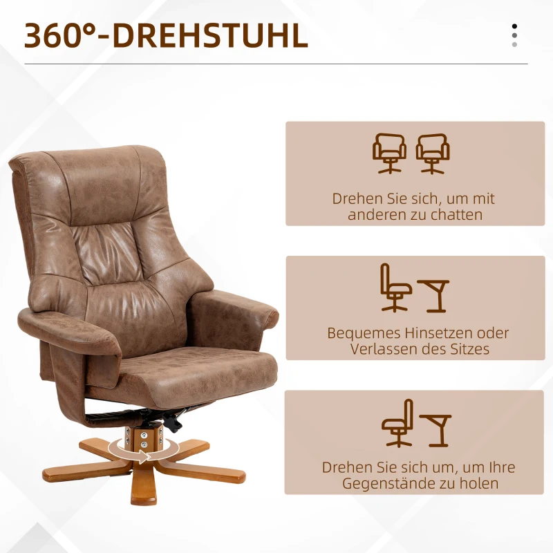 HOMCOM Relaxstoel met voetenbank, 360° draaibaar, 135° kantelbaar, ademende bekleding, 78 x 82,5 x 109 cm, bruin