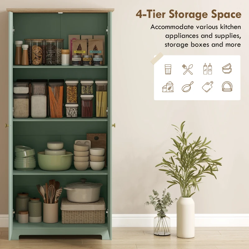 HOMCOM Kitchen Cupboard, 172cm Freestanding Storage Cabinet with Doors and Shelves, Light Green