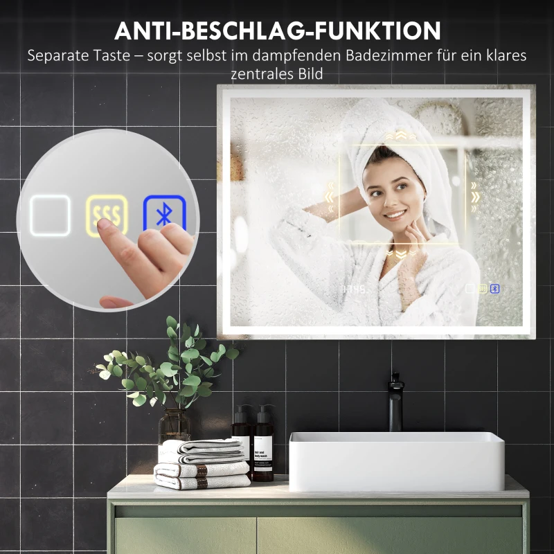 HOMCOM LED-badkamerspiegel met Bluetooth-functie, anti-condensfunctie, 3 lichtkleuren, klok, touchschakelaar, zilverkleurig