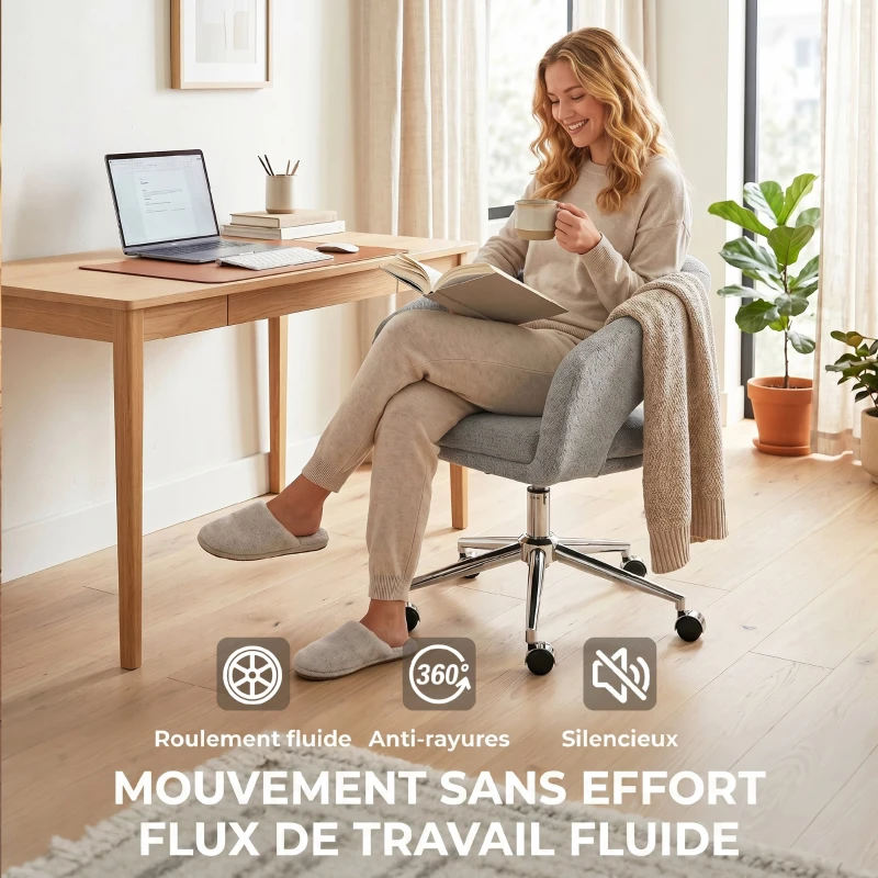 HOMCOM Chaise Bureau Ergonomique, Fauteuil de Bureau en Chenille avec Hauteur Réglable, Dossier Incurvé, Gris