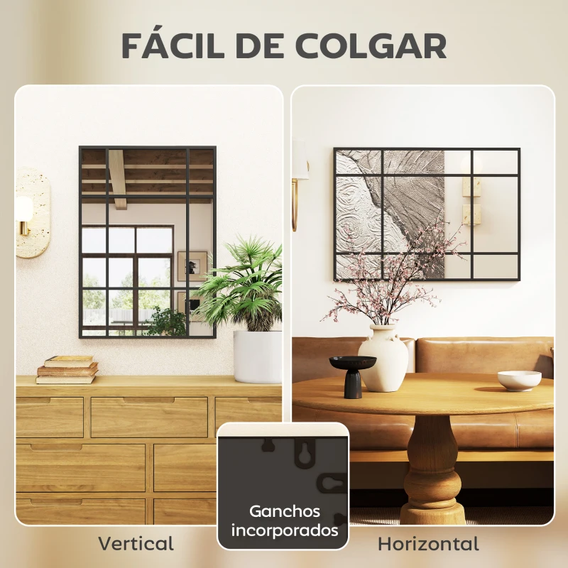 HOMCOM Espejo Rectangular de Pared Espejo de Ventana 70x50 cm con Marco de Metal Espejo Decorativo para Salón Dormitorio Negro