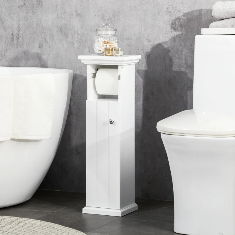 kleankin Mobile Bagno con Porta Carta Igienica e Armadietto in Legno MDF, 21.5x17.8x66.5cm, Bianco