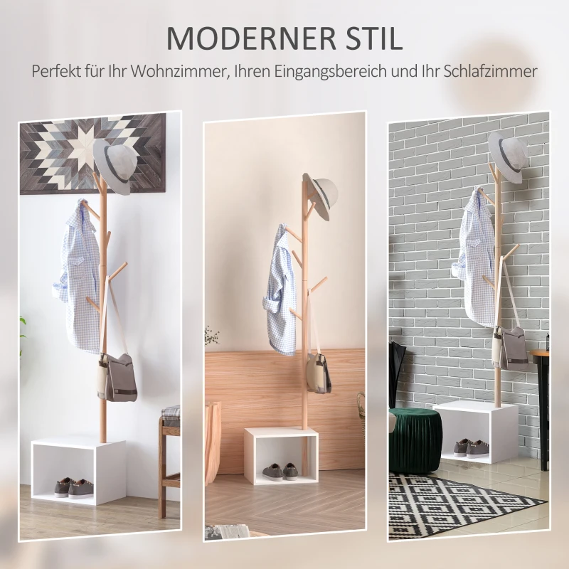 HOMCOM® garderobestandaard met zitbankje en opbergruimte | boomdesign | 6 haken | 40 x 30 x 180 cm | wit, naturel | Aosom.de