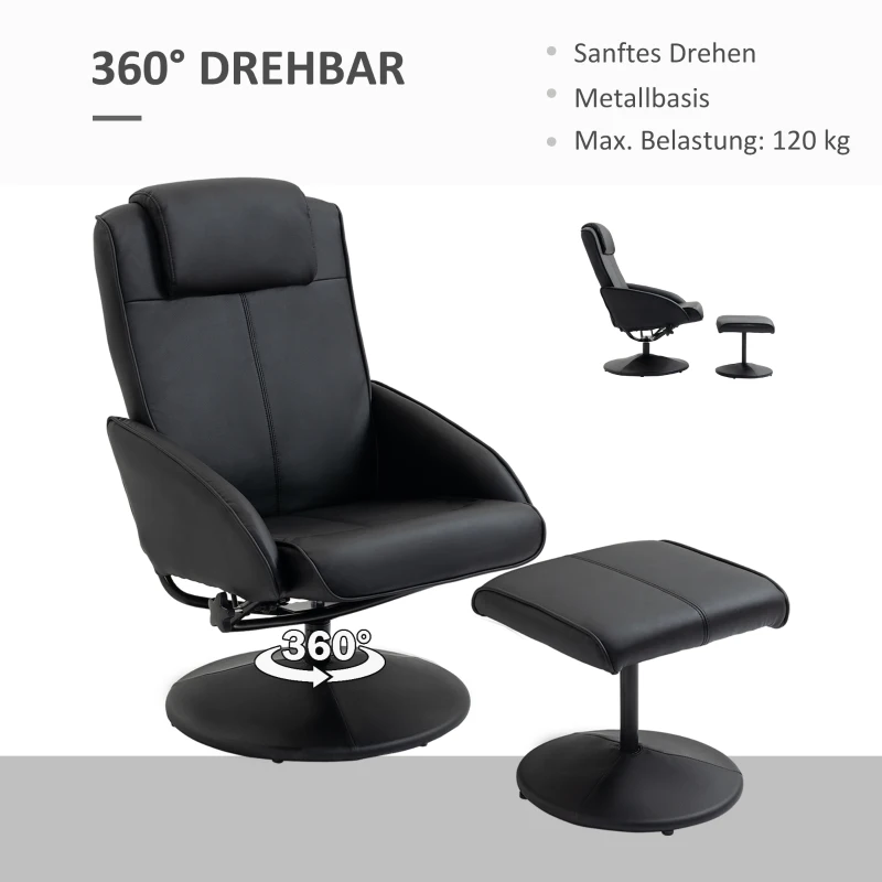 HOMCOM Relaxfauteuil met voetenbank, kunstleren bekleding, neigbaar, ergonomisch ontwerp, zwart(m-6)