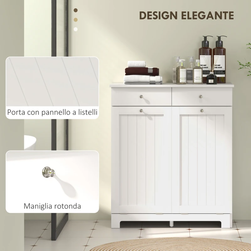 HOMCOM Mobile Bagno con 2 Ceste Portabiancheria Rimovibili, 2 Cassetti e 2 Ante a Ribalta, 78x38x90 cm, Bianco