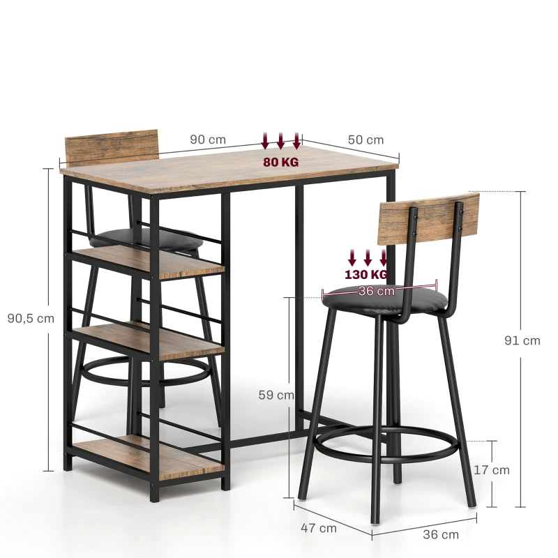 HOMCOM 3-delige eettafelset met bartafel en 2 stoelen, klein keukenset met zijplanken, MDF, metaal, zwart