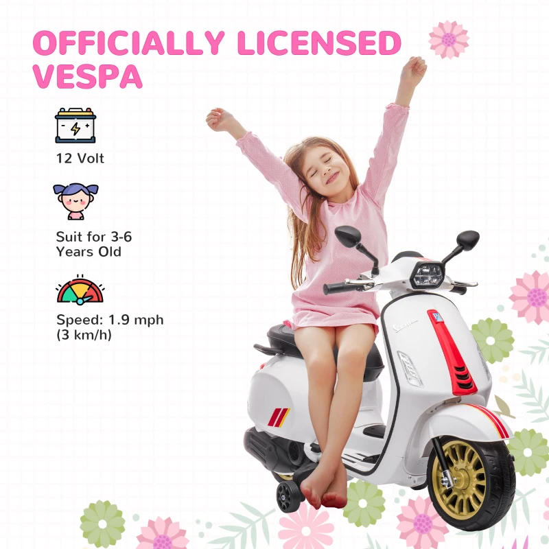 AIYAPLAY 12V Vespa Licensed Kids Electric Motorbike w/ Music, Lights, FM Radio, for 3-6 Years - White