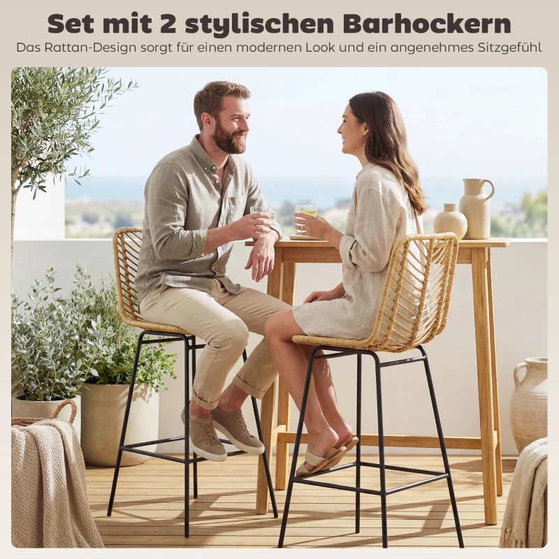 HOMCOM Set van 2 barkrukken in boho-design, PE-rotan, inclusief voetsteun, 42,5 cm x 52 cm x 102 cm, geel+zwart