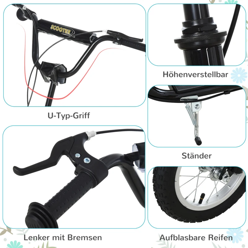 HOMCOM kinderscooter step kickscooter stadsscooter kinderstep kickboard met luchtbanden 12 inch zwart 120 x 58 x 85-95 cm