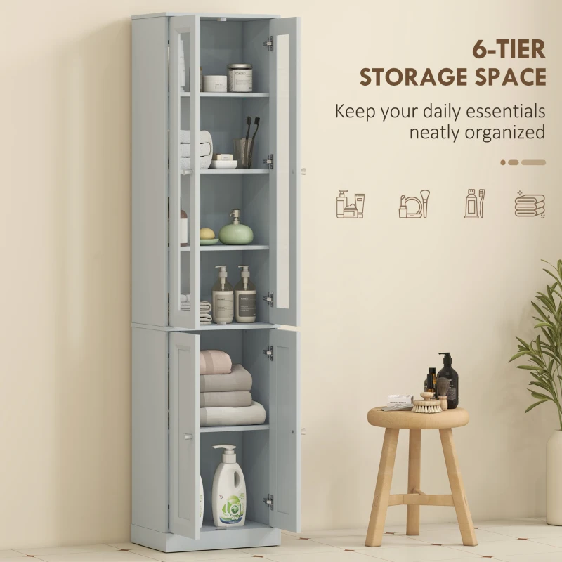 HOMCOM Tall Bathroom Storage Cabinet, 6-Tier Slim Bathroom Cabinet with Adjustable Shelf, 4 Soft-Close Doors, Dusty Blue