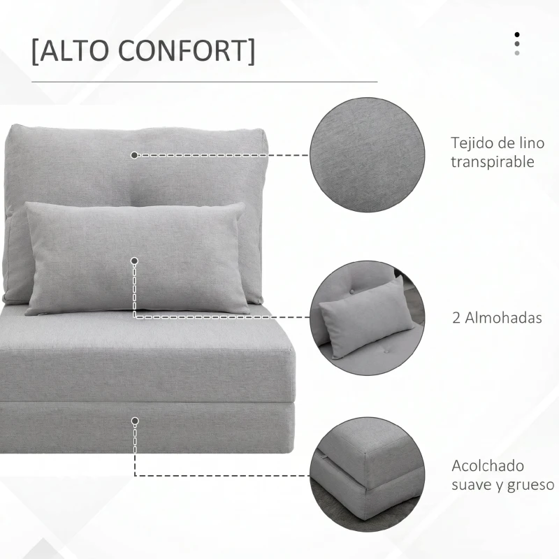 HOMCOM Sofá Cama Individual Plegable Sofá Cama Tapizado en Lino con Respaldo Ajustable 5 Posiciones 1 Almohada Gris Claro