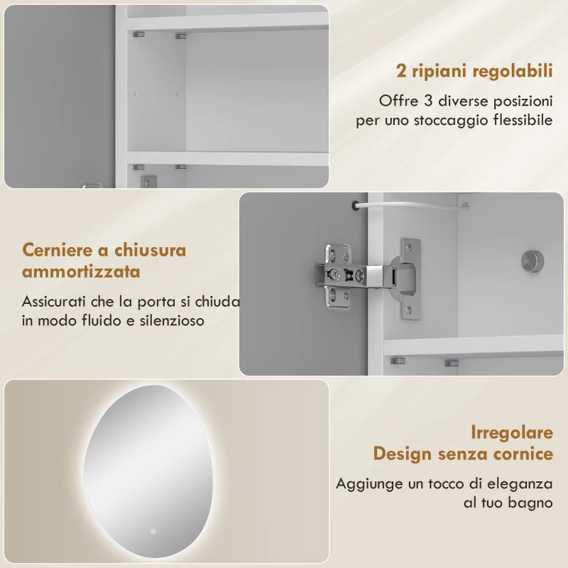 HOMCOM Specchio Bagno con Illuminazione LED e Armadietto Interno, in Vetro Temperato e Legno, 50x14x70 cm, Bianco