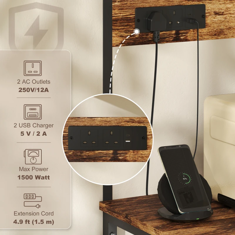 HOMCOM Kitchen Storage Rack, Bakers Rack with Power Outlet, USB Charger, Rustic Brown