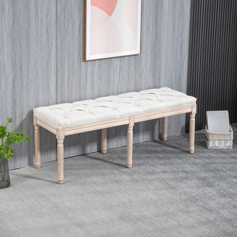HOMCOM Banc bout de lit banquette capitonnée style vintage français revêtement tissu aspect lin pieds en bois massif crème