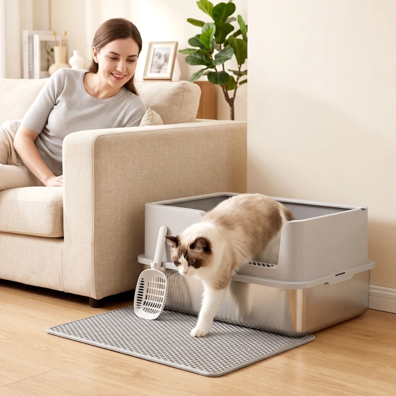 PawHut Arenero para Gatos de Acero Inoxidable XL con Borde Alto Pala Cepillo y Gancho Gris Claro
