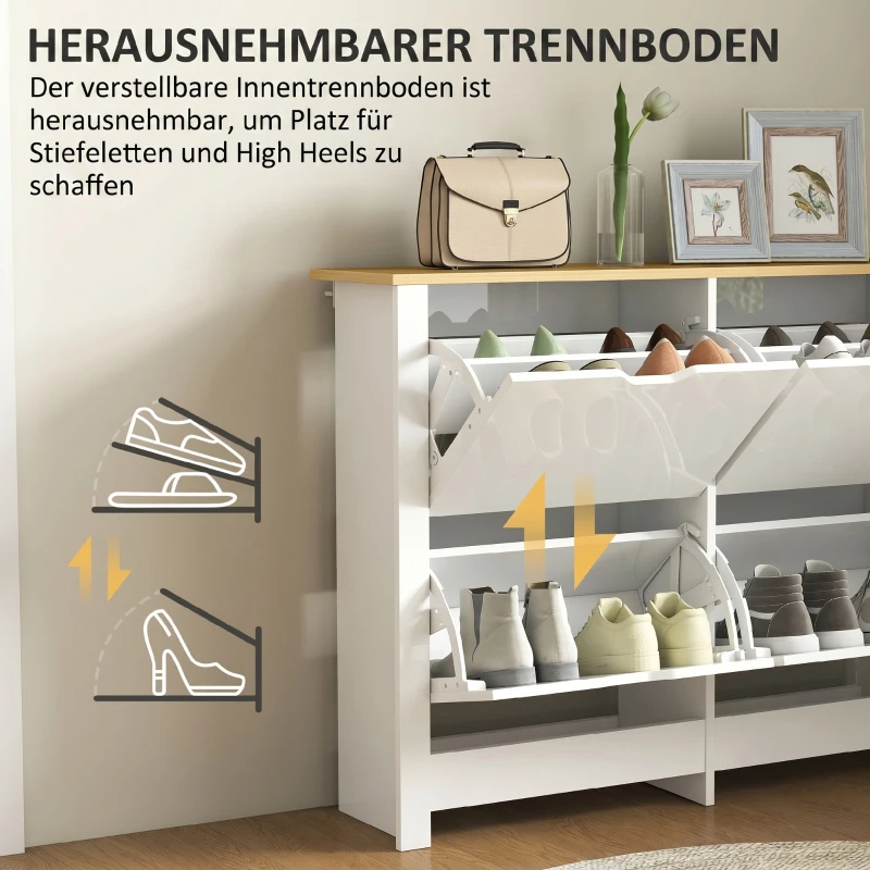 HOMCOM Smalle Schoenenkast met 4 Klapvakken voor 8–16 Paar Schoenen, 105 x 26 x 80 cm, Wit + Natuurlijk hout