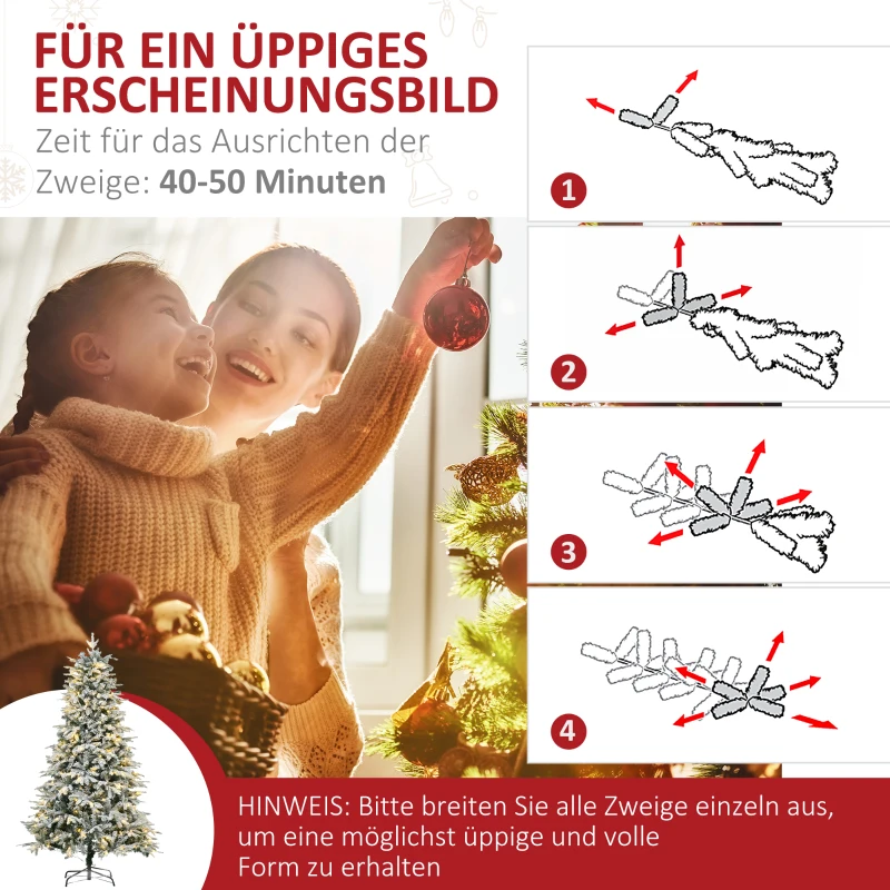HOMCOM Kunstmatige Kerstboom, Kerstboom, Incl. Kunstmatige Sneeuw, LED-Lichten, 180 cm, Groen + Wit