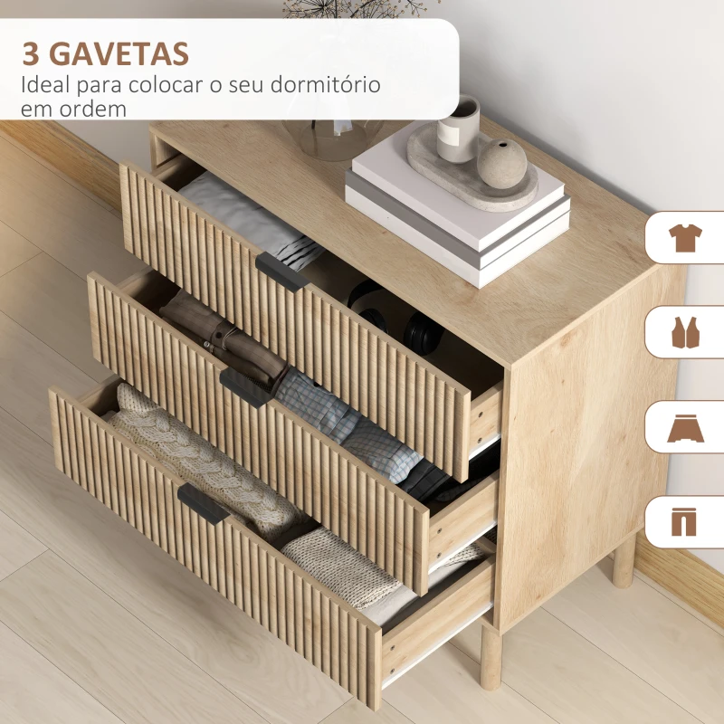 HOMCOM Cómoda com 3 Gavetas Cómoda Dormitório Estilo Nórdico com Painéis Ripados e Puxadores Metálicos 80x40x77,5 cm Madeira