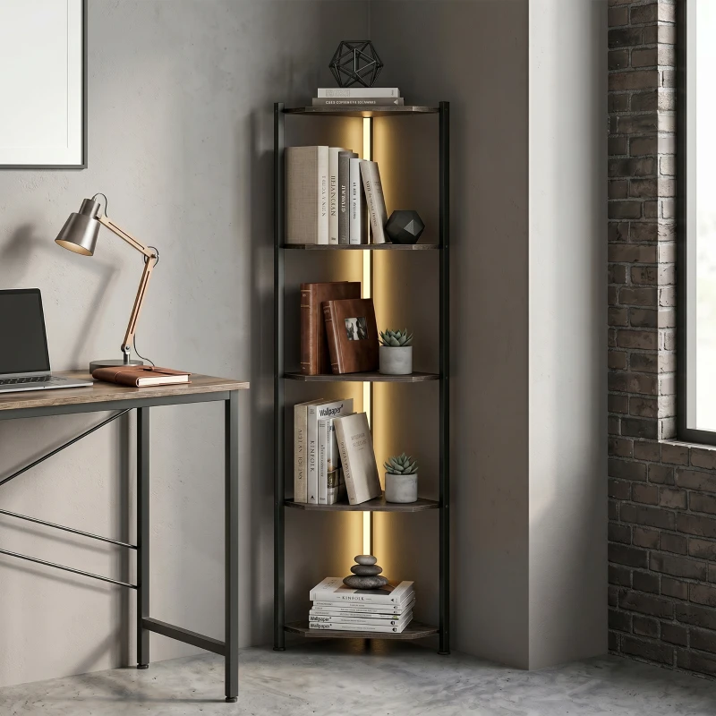 HOMCOM Boekenkast 5-laags Hoekkast met LED-verlichting voor woonkamer, slaapkamer, kantoor, Rustiek bruin