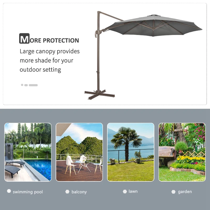 Outsunny 3(m) Cantilever Parasol with 360° Rotation Roma Umbrella, Hanging Sun Shade with Aluminium Frame, Tilt Crank, 8 Ribs and Cross Base, Dark Grey