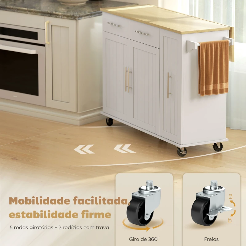 HOMCOM Ilha de Cozinha com Rodas Bancada Dobrável 2 Portas com Fecho Suave e Bandeja Extraível  129x65x91 cm Branco